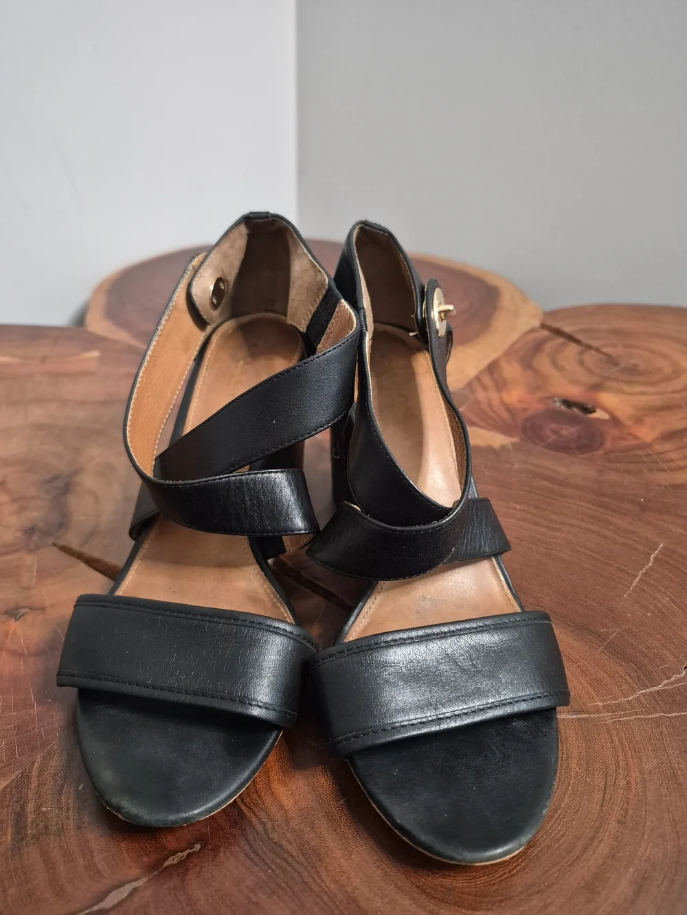 Coach Black Leather Block Heel Sandals with Gold-Tone Accent - 6